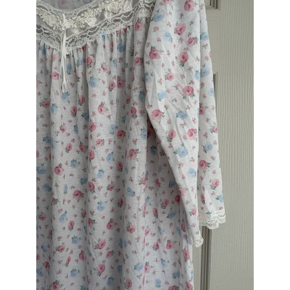 Vintage Miss Elaine Nightgown Floral Lace Cotton Balloon‎ Sleeve Large Flawed - Picture 5 of 12